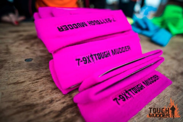 The different coloured Tough Mudder headbands.