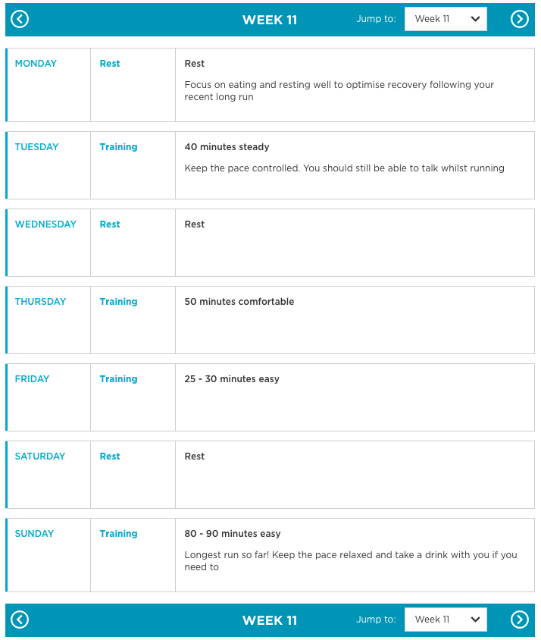 Week 11 of a realbuzz marathon training plan.